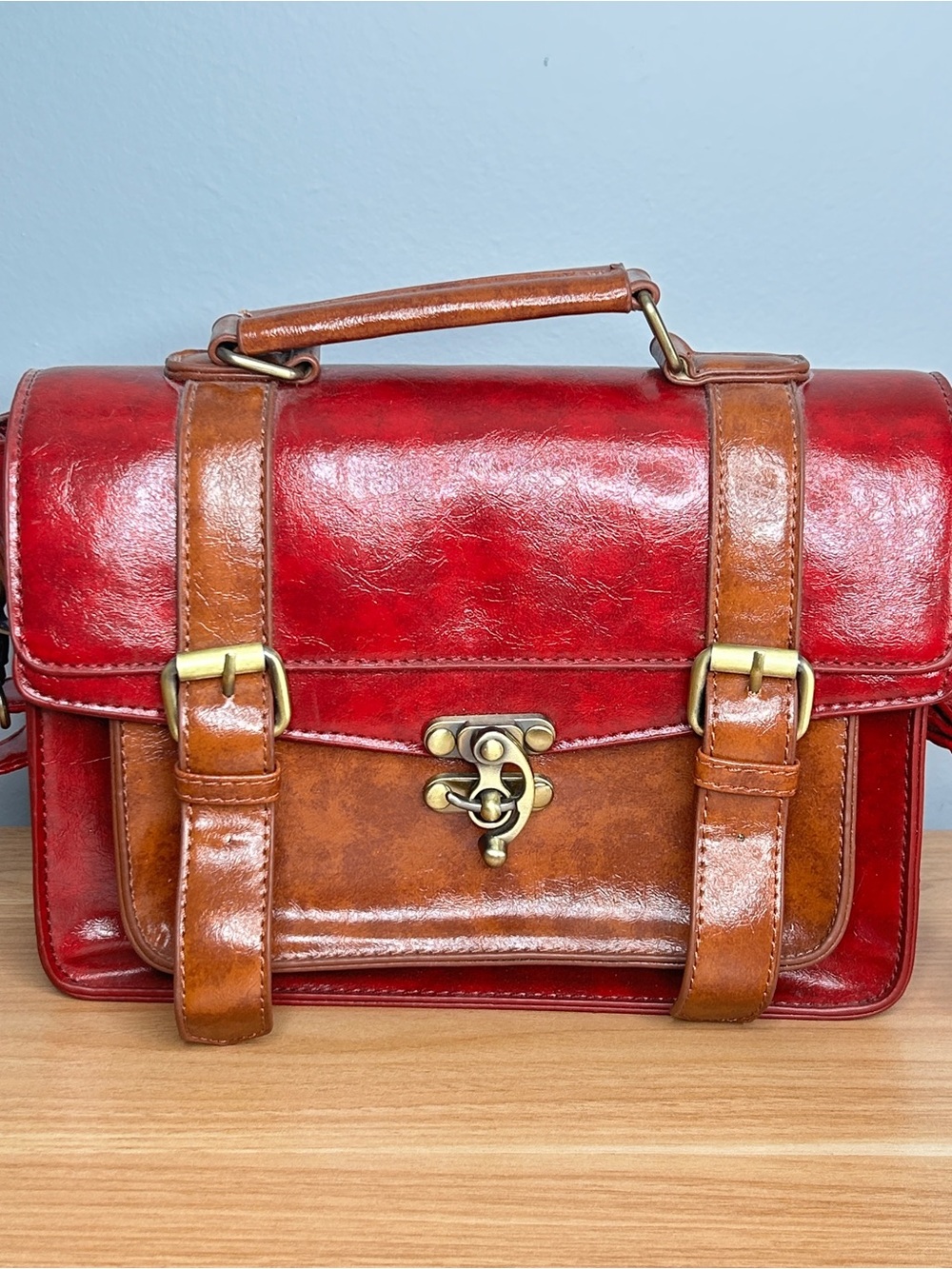 Red and Brown Purse Ecosusi Bag Faux Leather Rectangle Satchel with Buckles - Picture 16 of 16